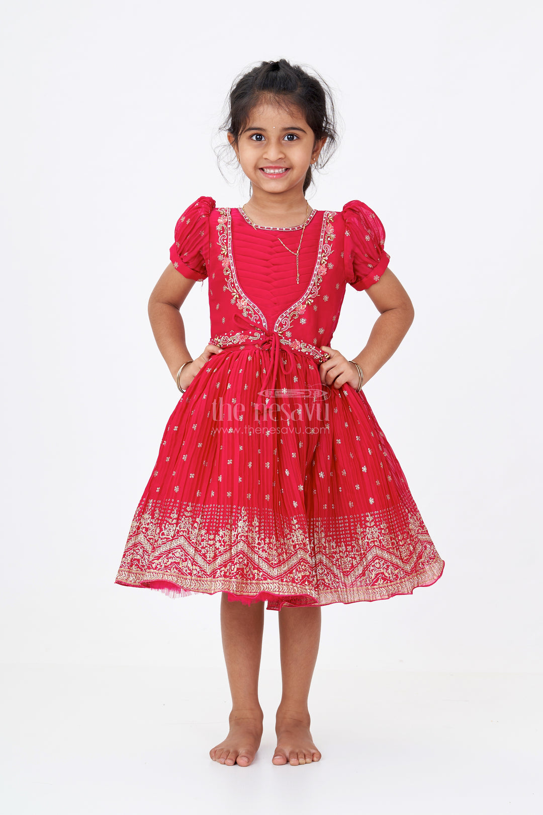 Girls Puff Sleeve Dress in Chinon Silk with Kadi Print Butta Design and Rich Embroidered Hem Border