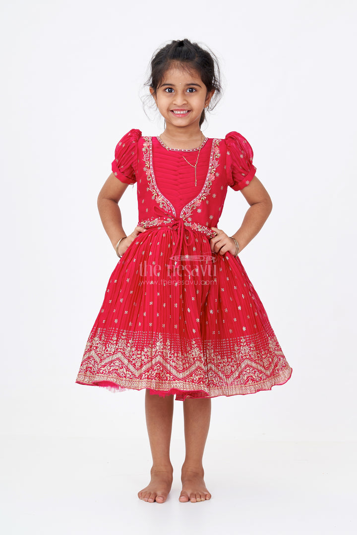 Girls Puff Sleeve Dress in Chinon Silk with Kadi Print Butta Design and Rich Embroidered Hem Border
