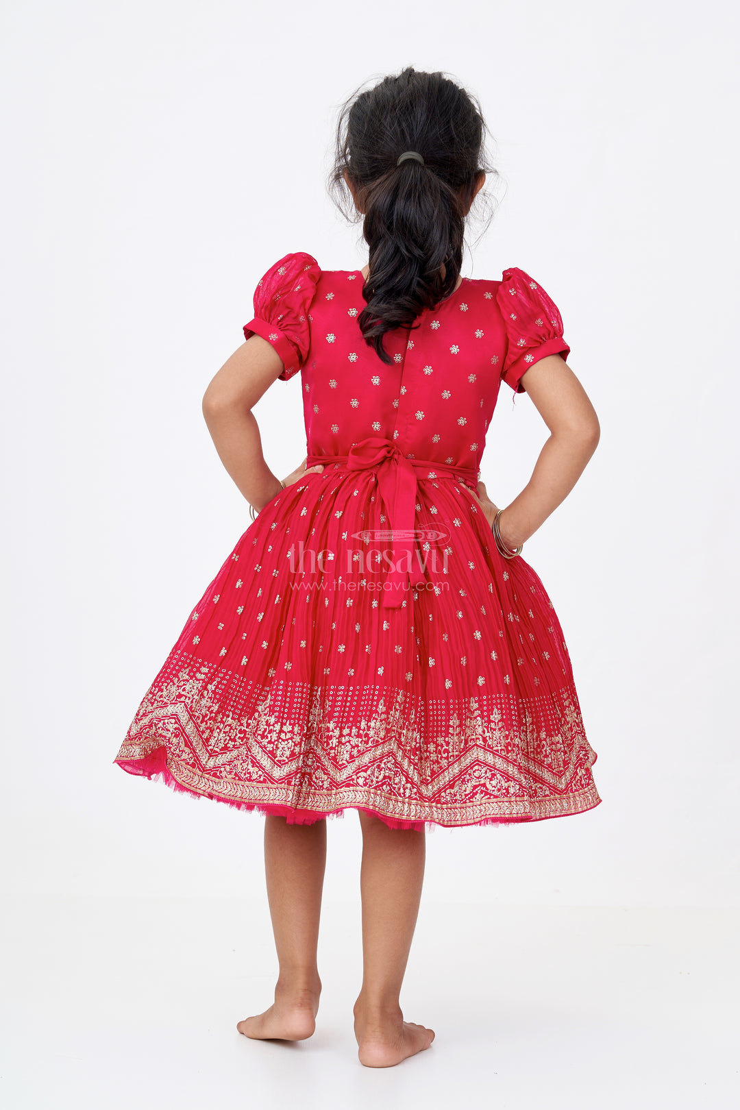 Girls Puff Sleeve Dress in Chinon Silk with Kadi Print Butta Design and Rich Embroidered Hem Border