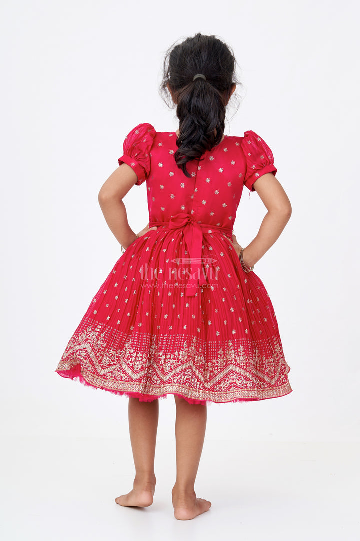 Girls Puff Sleeve Dress in Chinon Silk with Kadi Print Butta Design and Rich Embroidered Hem Border