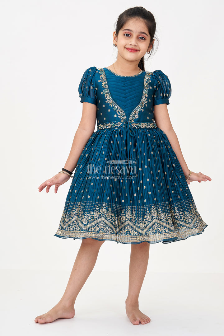 Fancy Frock for Baby Girls in Chinon Silk with Gold Zari Border and Embroidered Yoke