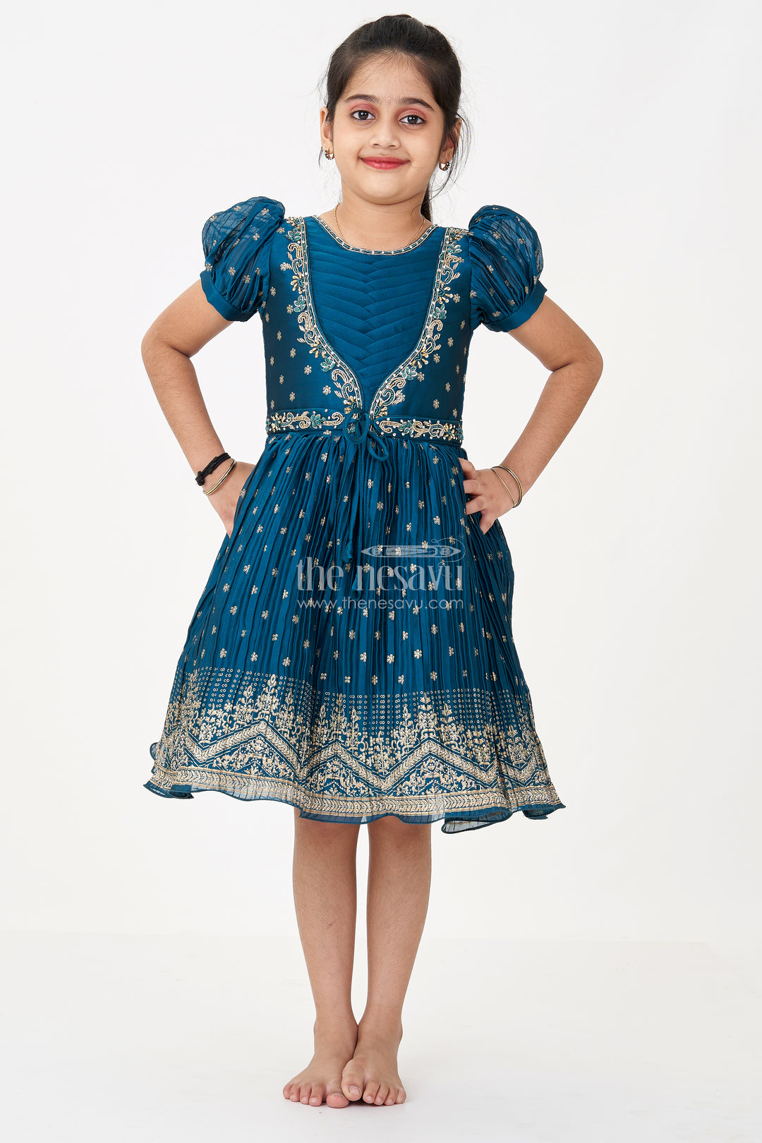 Fancy Frock for Baby Girls in Chinon Silk with Gold Zari Border and Embroidered Yoke