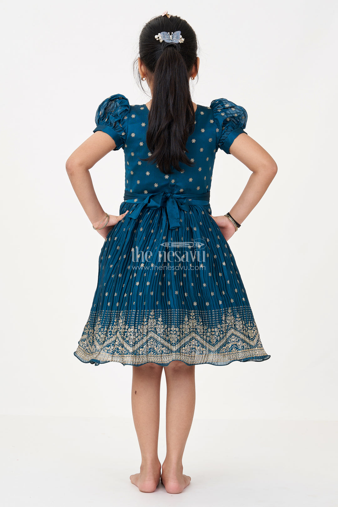Fancy Frock for Baby Girls in Chinon Silk with Gold Zari Border and Embroidered Yoke