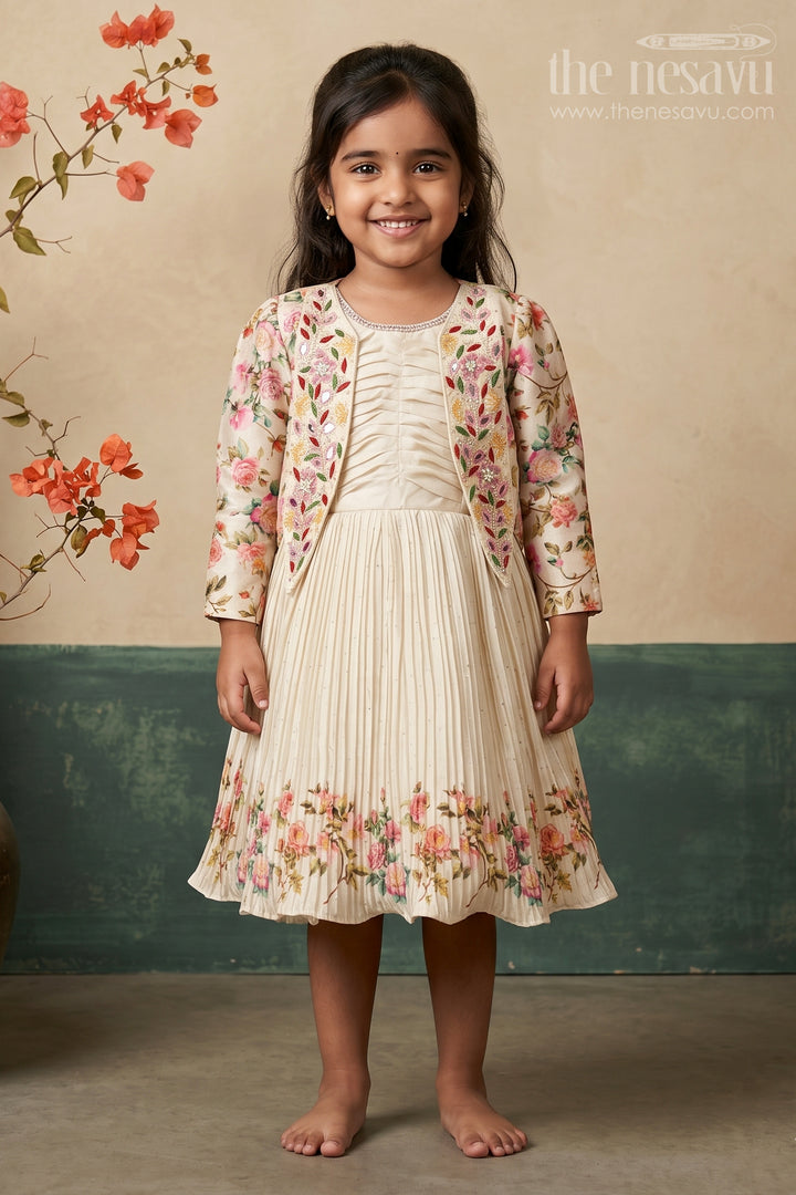 Girls Floral Frock with Jacket in Chinon Silk with Digital Print and Embroidered Stone Work Detailing