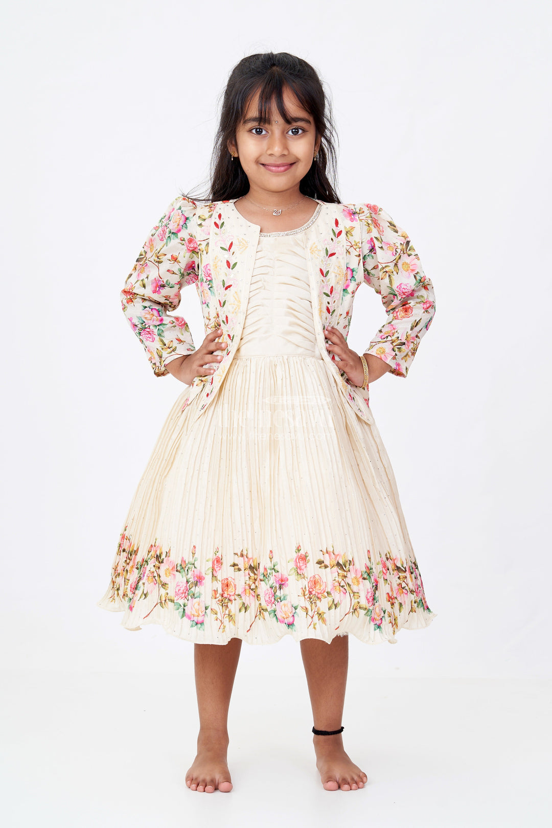 Girls Floral Frock with Jacket in Chinon Silk with Digital Print and Embroidered Stone Work Detailing