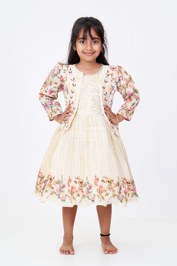 Girls Floral Frock with Jacket in Chinon Silk with Digital Print and Embroidered Stone Work Detailing