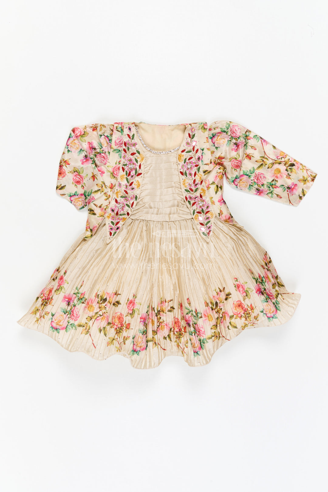 Girls Floral Frock with Jacket in Chinon Silk with Digital Print and Embroidered Stone Work Detailing
