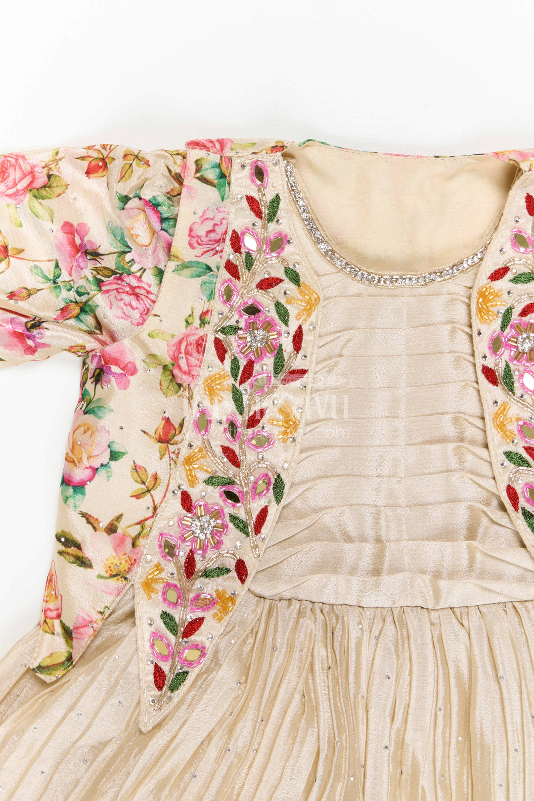 Girls Floral Frock with Jacket in Chinon Silk with Digital Print and Embroidered Stone Work Detailing