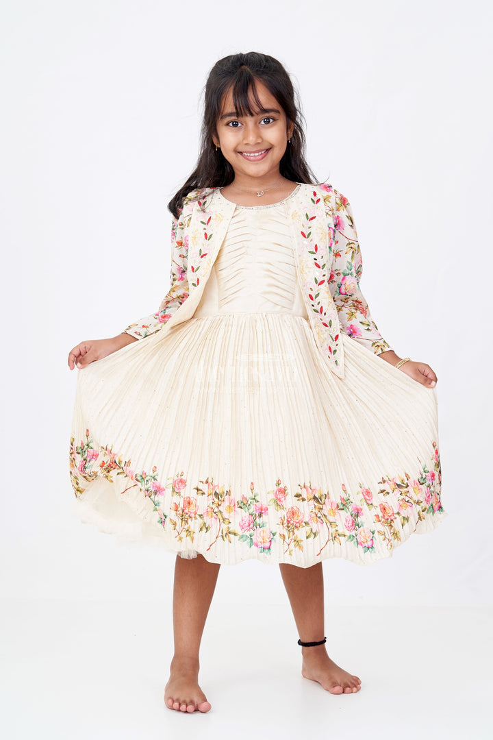 Girls Floral Frock with Jacket in Chinon Silk with Digital Print and Embroidered Stone Work Detailing