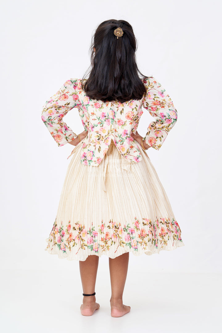 Girls Floral Frock with Jacket in Chinon Silk with Digital Print and Embroidered Stone Work Detailing
