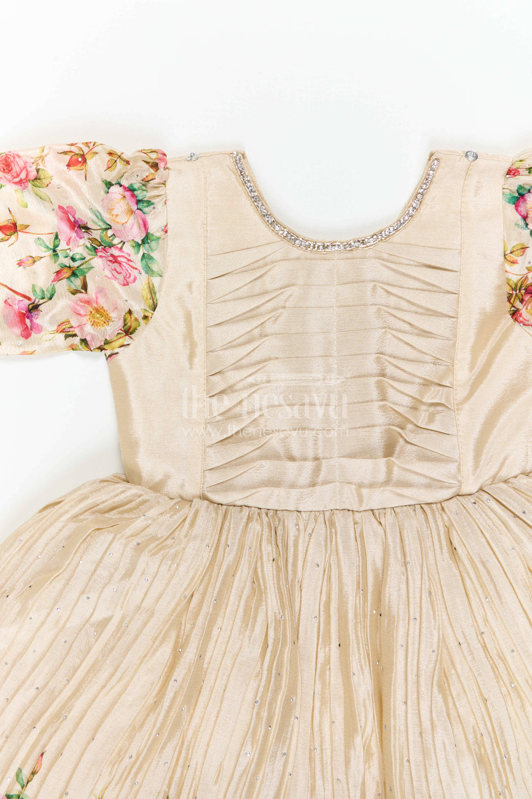 Girls Floral Frock with Jacket in Chinon Silk with Digital Print and Embroidered Stone Work Detailing