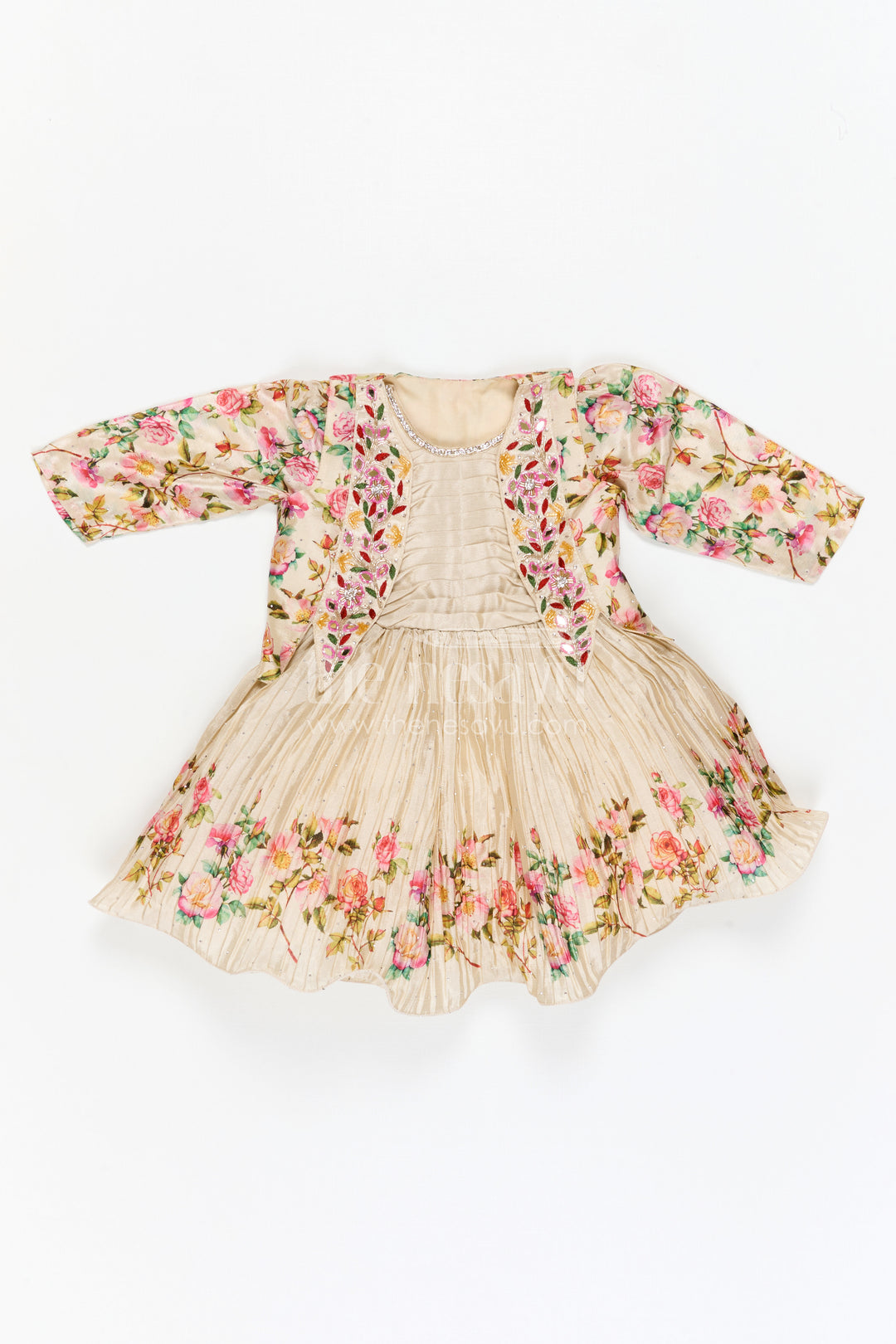 Girls Floral Frock with Jacket in Chinon Silk with Digital Print and Embroidered Stone Work Detailing