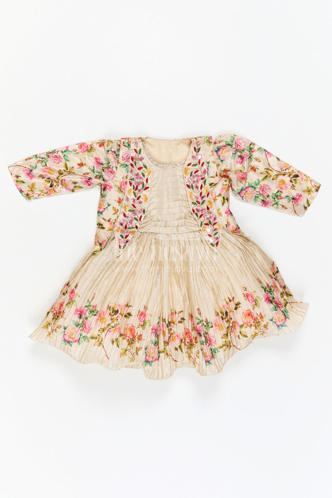Girls Floral Frock with Jacket in Chinon Silk with Digital Print and Embroidered Stone Work Detailing