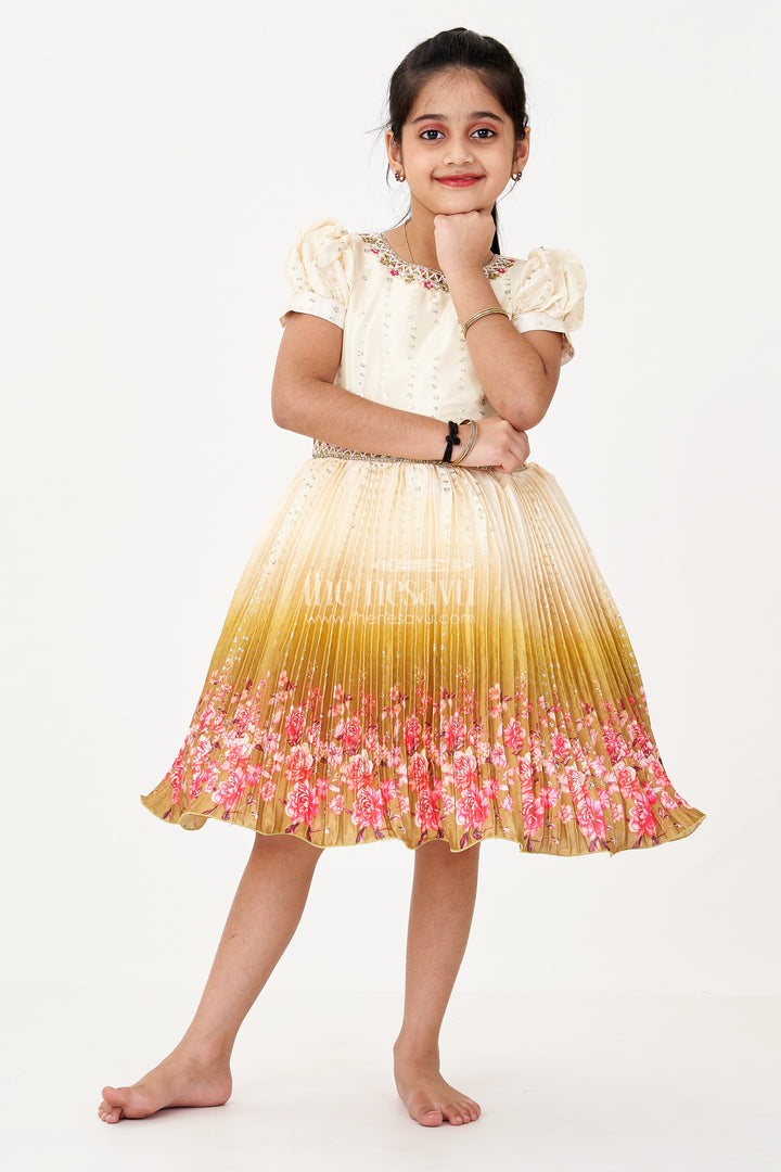 Girls Partywear Frock in Chinon Silk with Floral Digital Print Border and Embellished Puff Sleeves