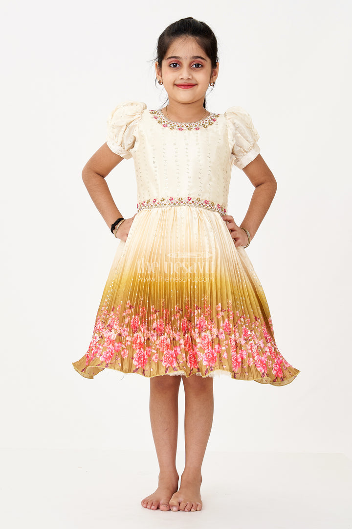 Girls Partywear Frock in Chinon Silk with Floral Digital Print Border and Embellished Puff Sleeves