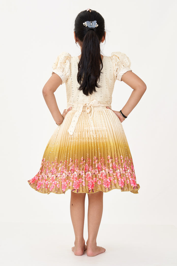 Girls Partywear Frock in Chinon Silk with Floral Digital Print Border and Embellished Puff Sleeves