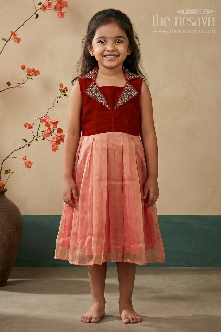 Girls Latest Frocks in Velvet with Kundan Collar and Tissue Flared Skirt for Stylish Party Wear