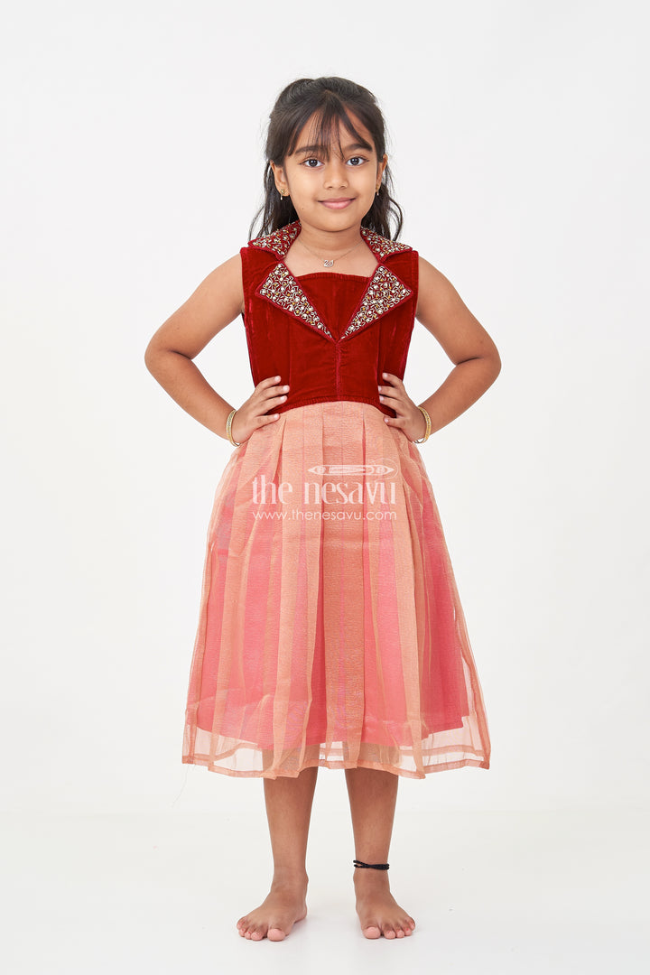 Girls Latest Frocks in Velvet with Kundan Collar and Tissue Flared Skirt for Stylish Party Wear