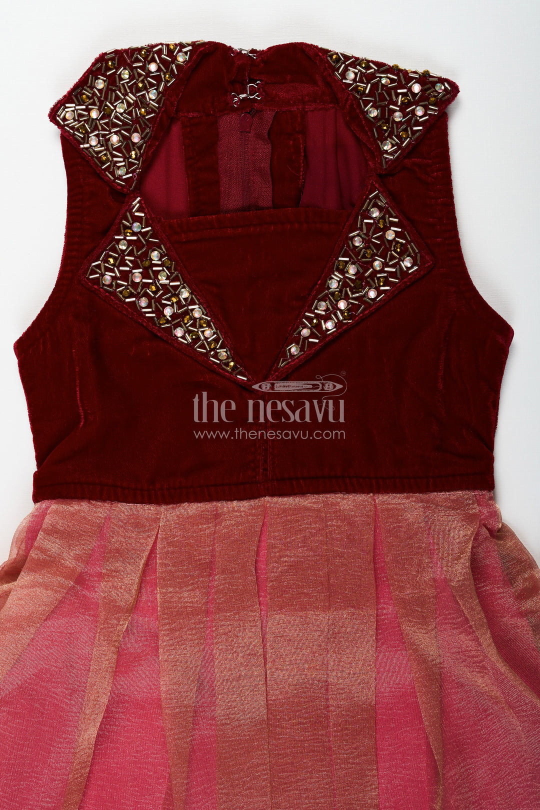 Girls Latest Frocks in Velvet with Kundan Collar and Tissue Flared Skirt for Stylish Party Wear