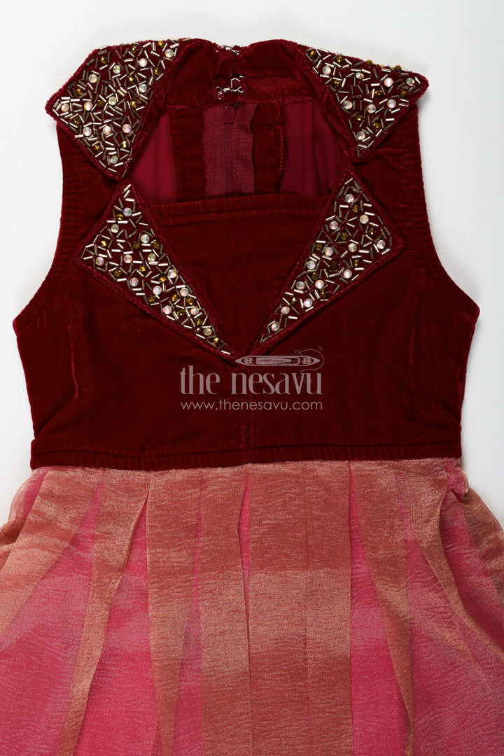 Girls Latest Frocks in Velvet with Kundan Collar and Tissue Flared Skirt for Stylish Party Wear