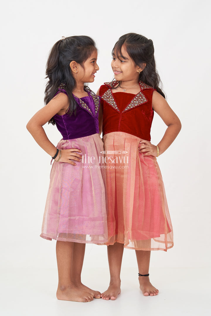 Girls Latest Frocks in Velvet with Kundan Collar and Tissue Flared Skirt for Stylish Party Wear