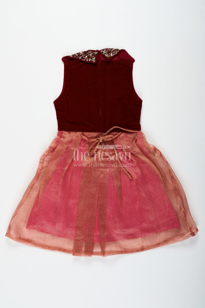 Girls Latest Frocks in Velvet with Kundan Collar and Tissue Flared Skirt for Stylish Party Wear