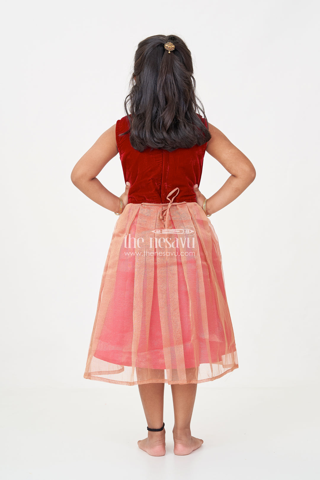 Girls Latest Frocks in Velvet with Kundan Collar and Tissue Flared Skirt for Stylish Party Wear