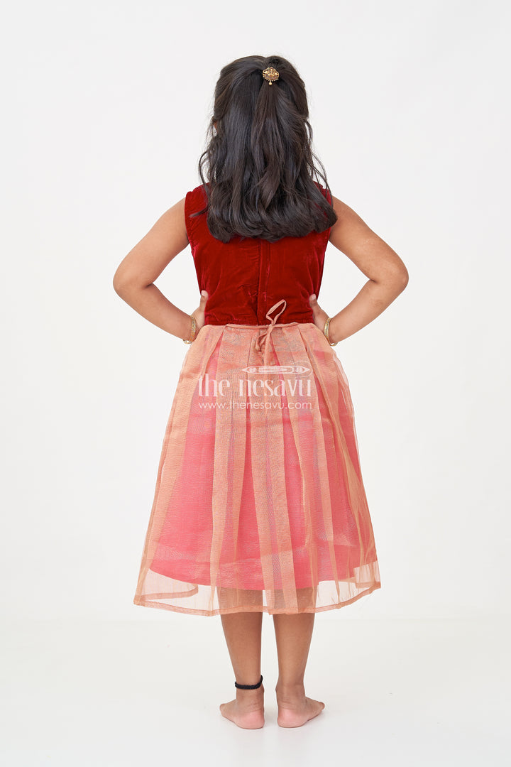 Girls Latest Frocks in Velvet with Kundan Collar and Tissue Flared Skirt for Stylish Party Wear