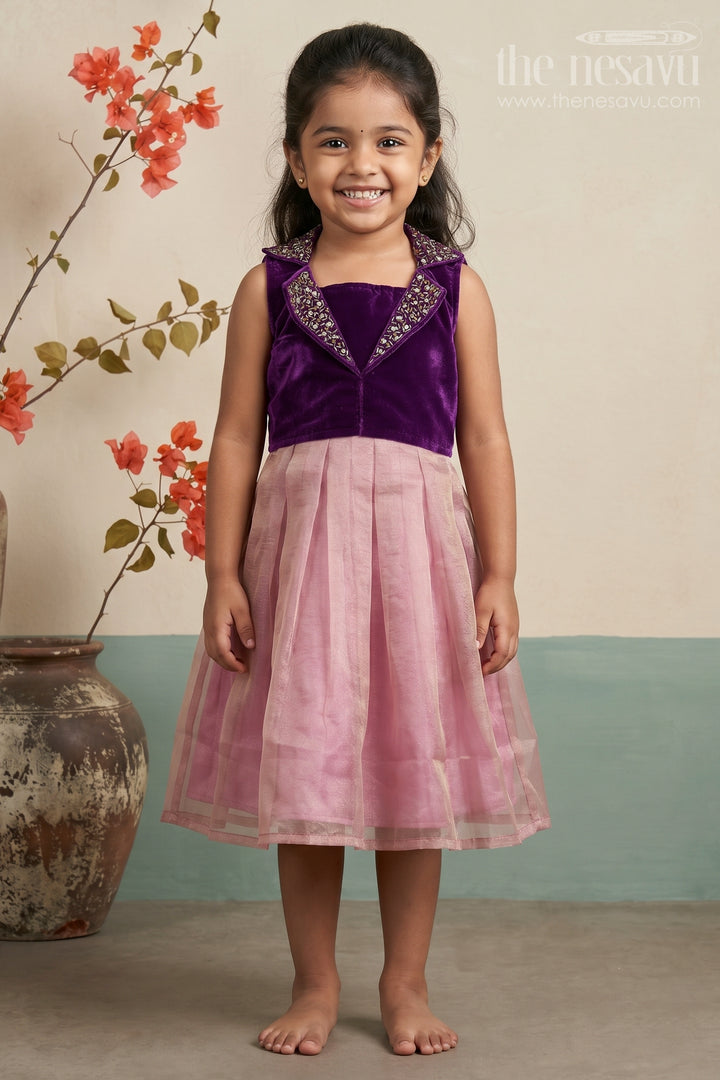 Girls Designer Frocks in Velvet with Kundan Embellished Collar and Pleated Tissue Skirt