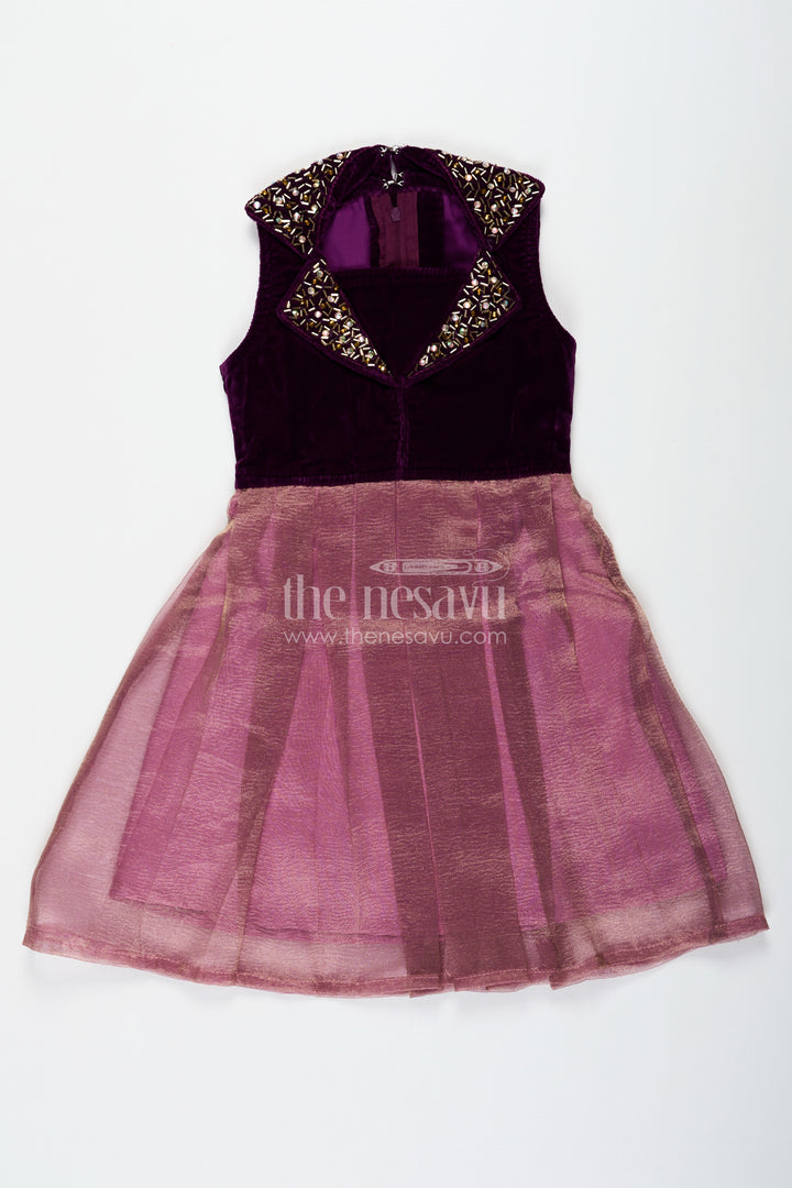 Girls Designer Frocks in Velvet with Kundan Embellished Collar and Pleated Tissue Skirt