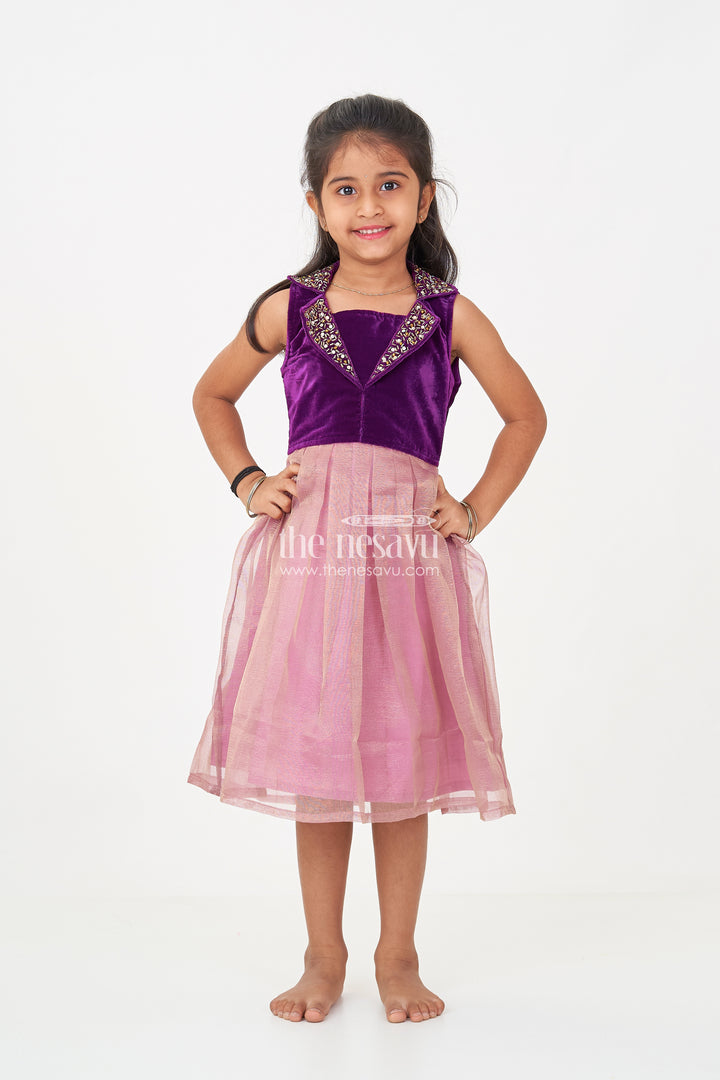 Girls Designer Frocks in Velvet with Kundan Embellished Collar and Pleated Tissue Skirt