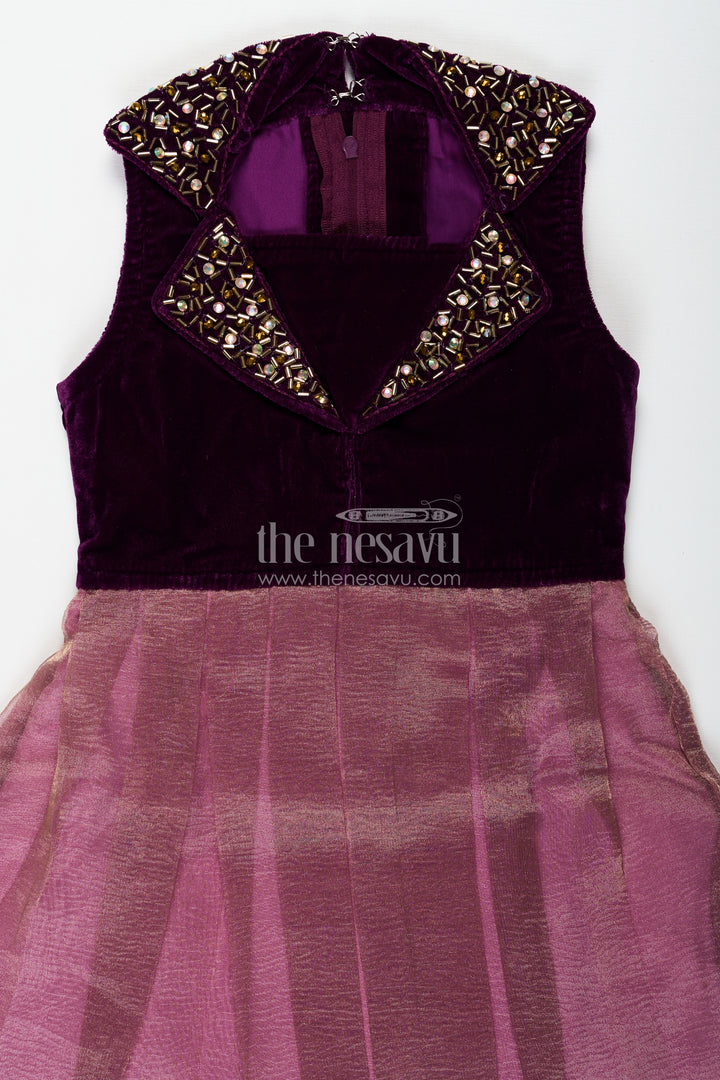 Girls Designer Frocks in Velvet with Kundan Embellished Collar and Pleated Tissue Skirt