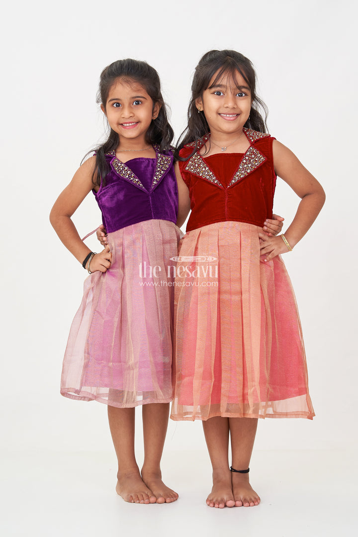 Girls Designer Frocks in Velvet with Kundan Embellished Collar and Pleated Tissue Skirt