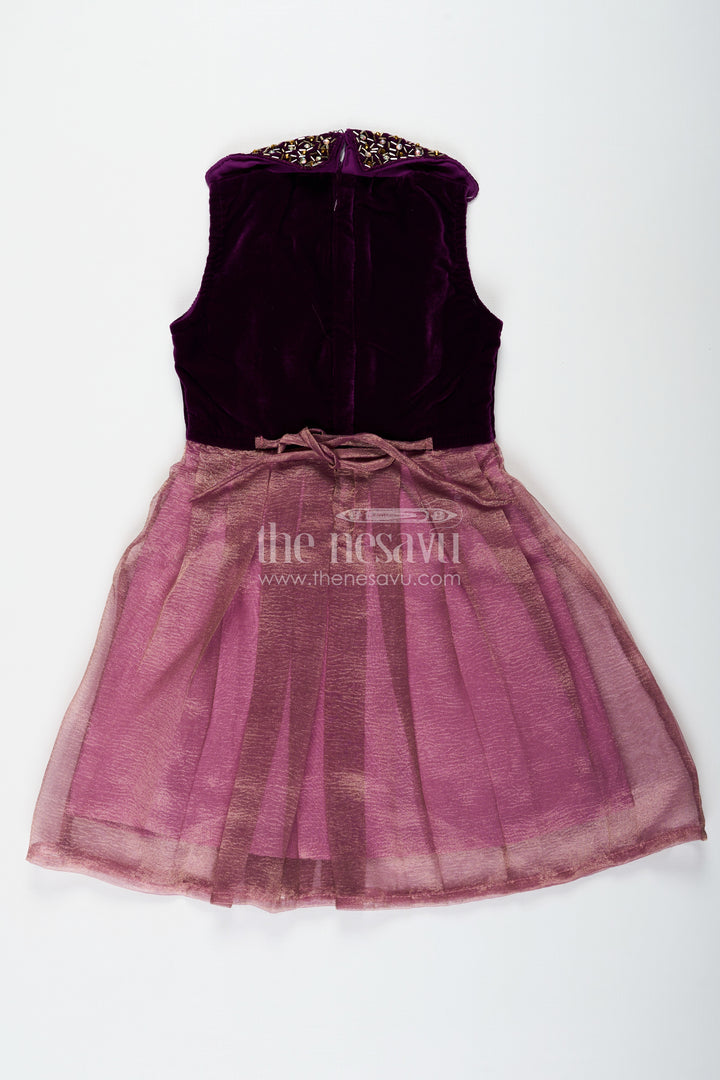 Girls Designer Frocks in Velvet with Kundan Embellished Collar and Pleated Tissue Skirt