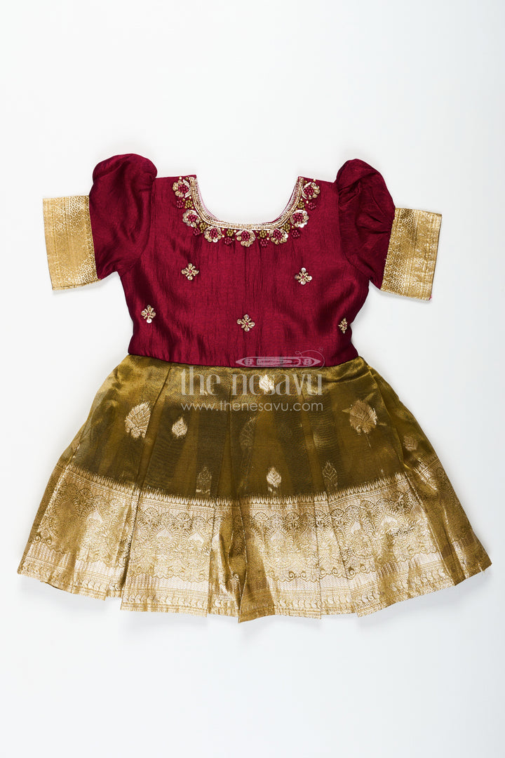 Silk Frocks for Girls with Maroon Embroidered Yoke and Gold Tissue Pleated Skirt for Festive Wear