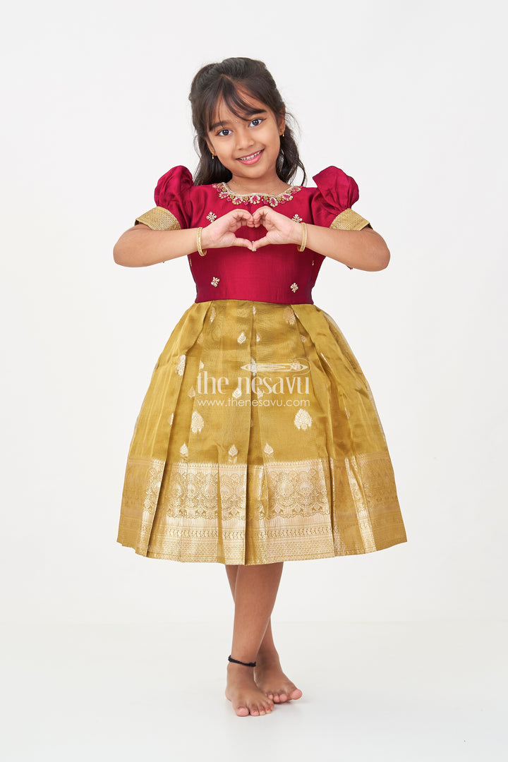 Silk Frocks for Girls with Maroon Embroidered Yoke and Gold Tissue Pleated Skirt for Festive Wear