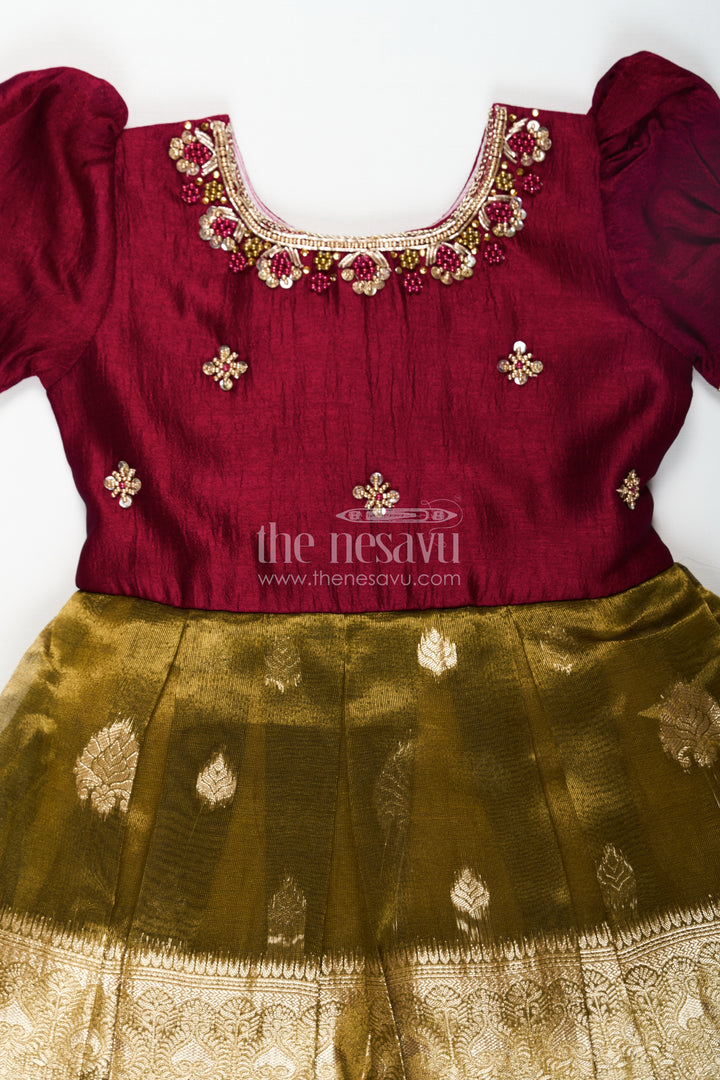 Silk Frocks for Girls with Maroon Embroidered Yoke and Gold Tissue Pleated Skirt for Festive Wear