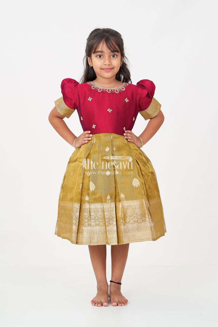 Silk Frocks for Girls with Maroon Embroidered Yoke and Gold Tissue Pleated Skirt for Festive Wear