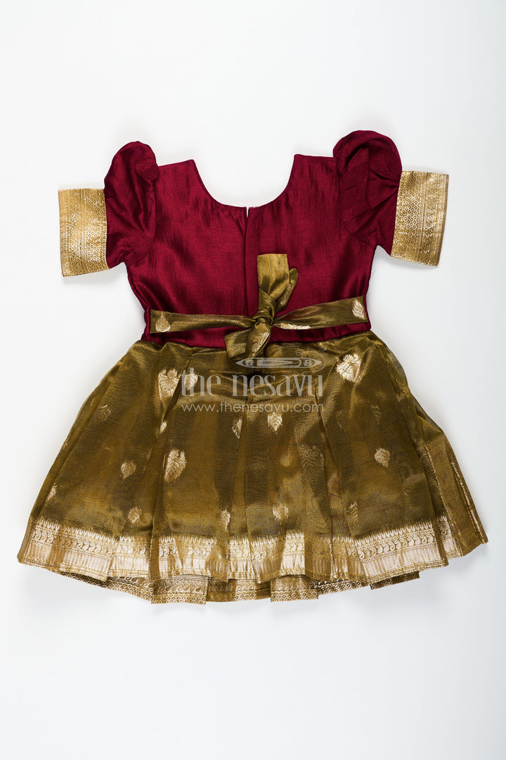 Silk Frocks for Girls with Maroon Embroidered Yoke and Gold Tissue Pleated Skirt for Festive Wear
