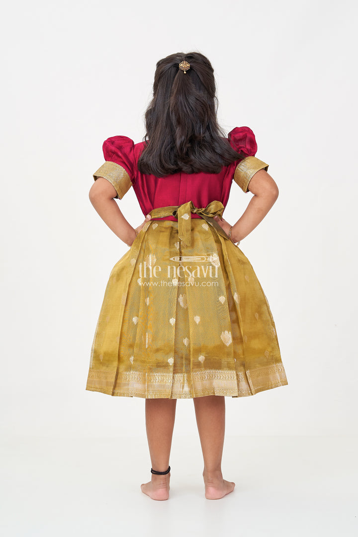 Silk Frocks for Girls with Maroon Embroidered Yoke and Gold Tissue Pleated Skirt for Festive Wear
