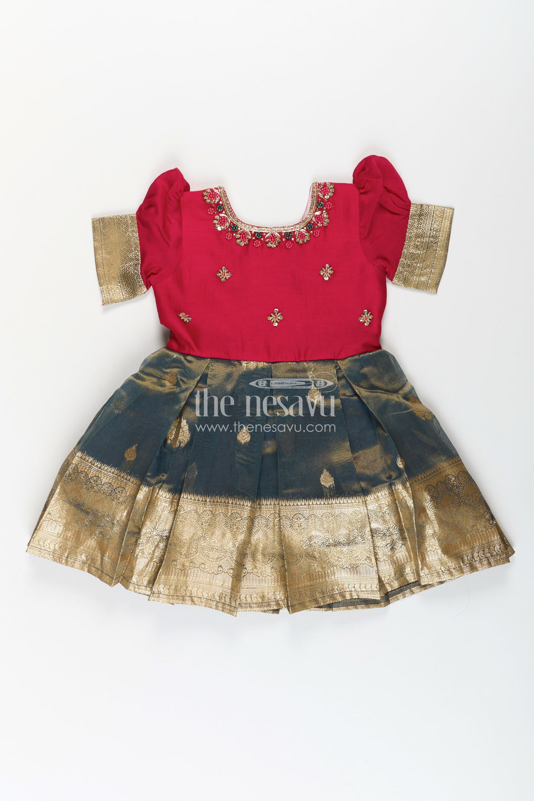 Girls Birthday Frock in Blend Silk with Pleated Tissue Skirt and Embroidered Neck for Traditional Elegance