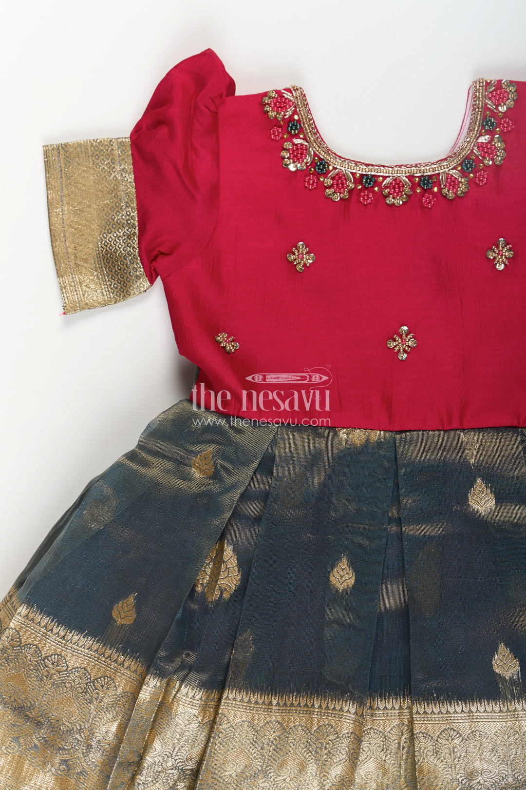 Girls Birthday Frock in Blend Silk with Pleated Tissue Skirt and Embroidered Neck for Traditional Elegance