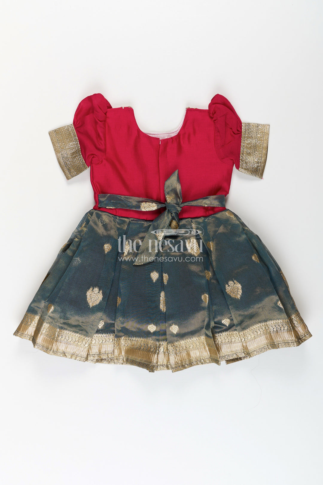 Girls Birthday Frock in Blend Silk with Pleated Tissue Skirt and Embroidered Neck for Traditional Elegance