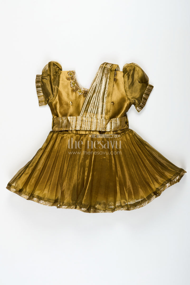 Girl Birthday Frock in Olive Tissue Blend Silk with Sequin Embellishments and Matching Dupatta