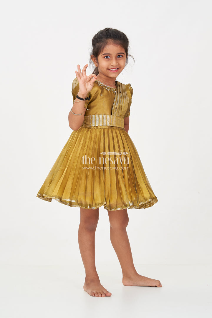 Girl Birthday Frock in Olive Tissue Blend Silk with Sequin Embellishments and Matching Dupatta
