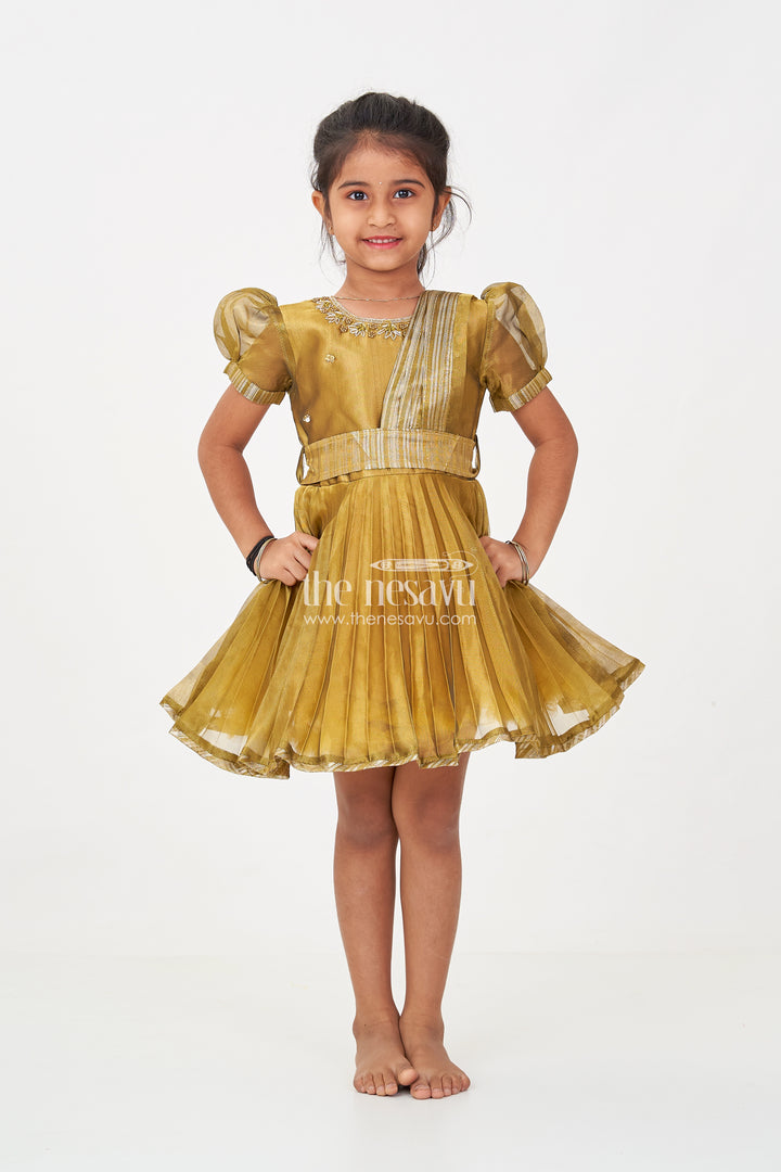Girl Birthday Frock in Olive Tissue Blend Silk with Sequin Embellishments and Matching Dupatta