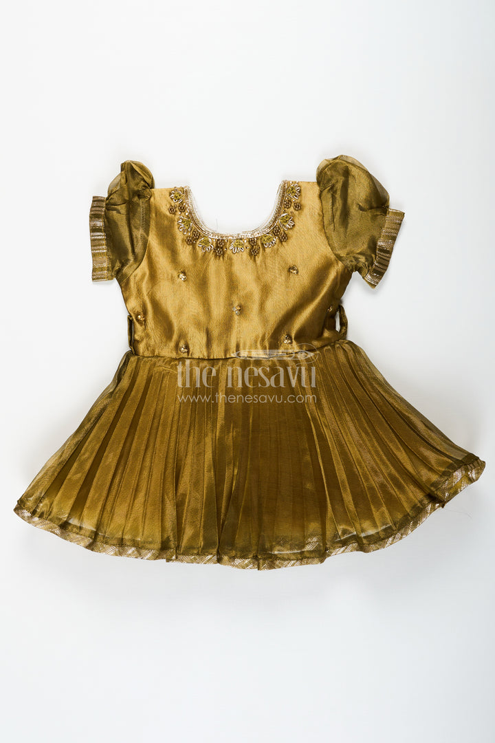 Girl Birthday Frock in Olive Tissue Blend Silk with Sequin Embellishments and Matching Dupatta