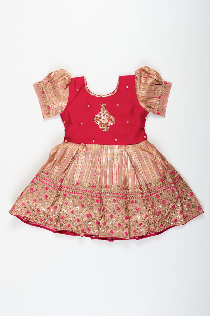 Red Frocks for Girls with Gold Tissue Silk Skirt and Heavy Embellished Floral Yoke for Grand Events