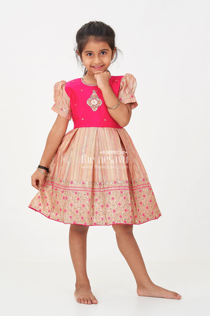 Red Frocks for Girls with Gold Tissue Silk Skirt and Heavy Embellished Floral Yoke for Grand Events
