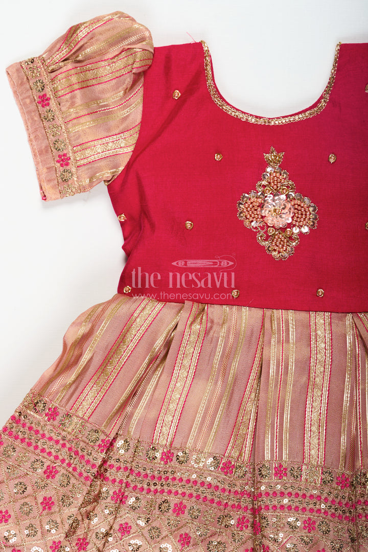Red Frocks for Girls with Gold Tissue Silk Skirt and Heavy Embellished Floral Yoke for Grand Events